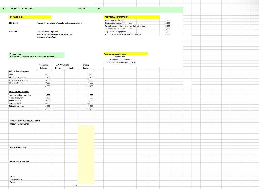 #5 STATEMENT OF CASH FLOWS 40 points #5 INSTRUCTIONS: ADDITIONAL INFORMATION Net