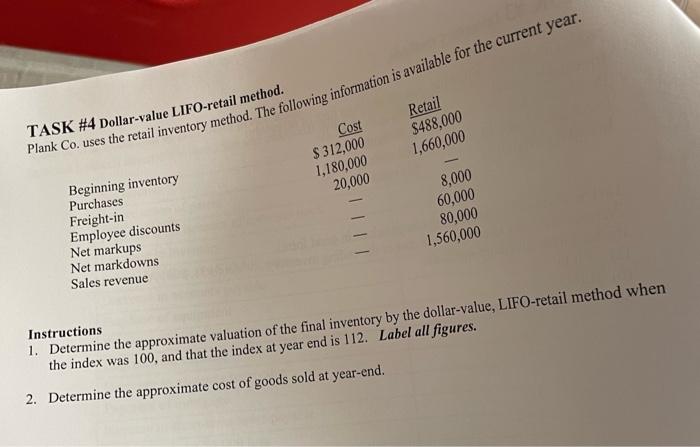 TASK #4 Dollar-value LIFO-retail method. Plank Co. uses the retail inventory method.