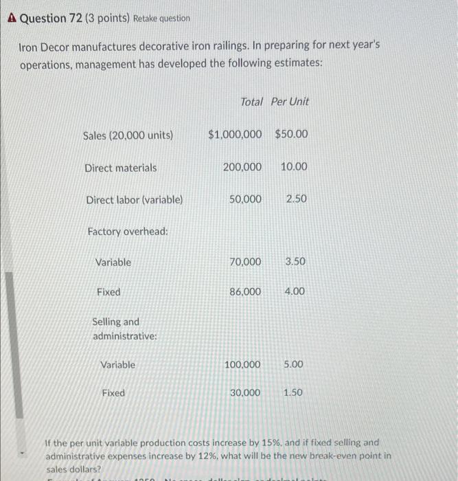 A Question 72 (3 points) Retake question Iron Decor manufactures decorative iron