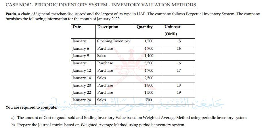 CASE NO#2- PERIODIC INVENTORY SYSTEM - INVENTORY VALUATION METHODS Pardo, a chain
