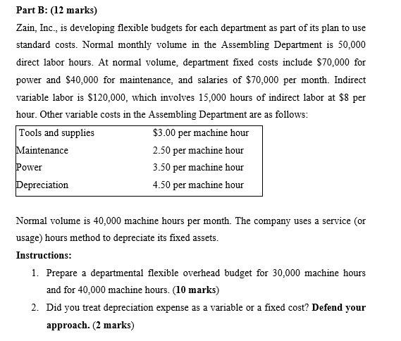 Part B: (12 marks) Zain, Inc., is developing flexible budgets for each