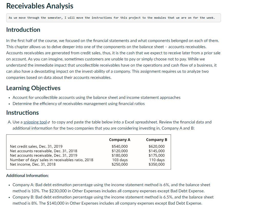 Receivables Analysis As we move through the semester, I will move the