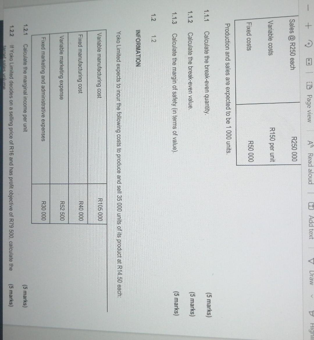 Sales @R250 each Variable costs Fixed costs Page view A Read aloud