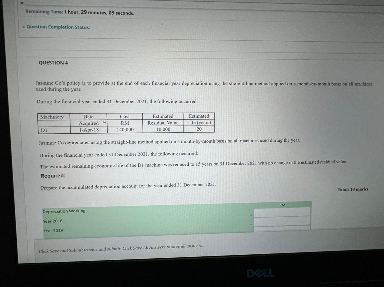 Remaining Time: 1 hour, 29 minutes, 09 seconds. Question Completion Status: QUESTION
