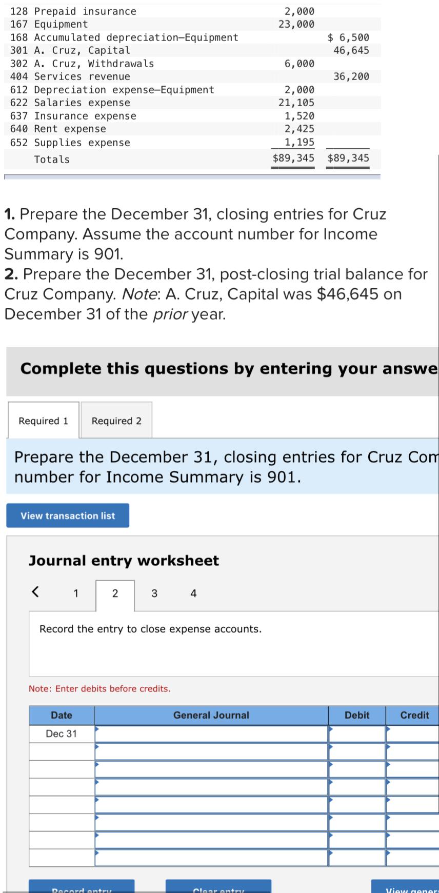of Cruz Company as of December 31. No. 101 Cash Account Title