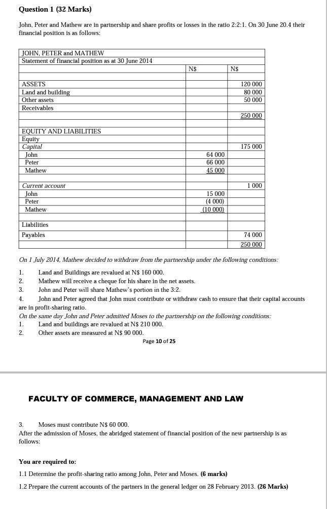 Question 1 (32 Marks) John, Peter and Mathew are in partnership and