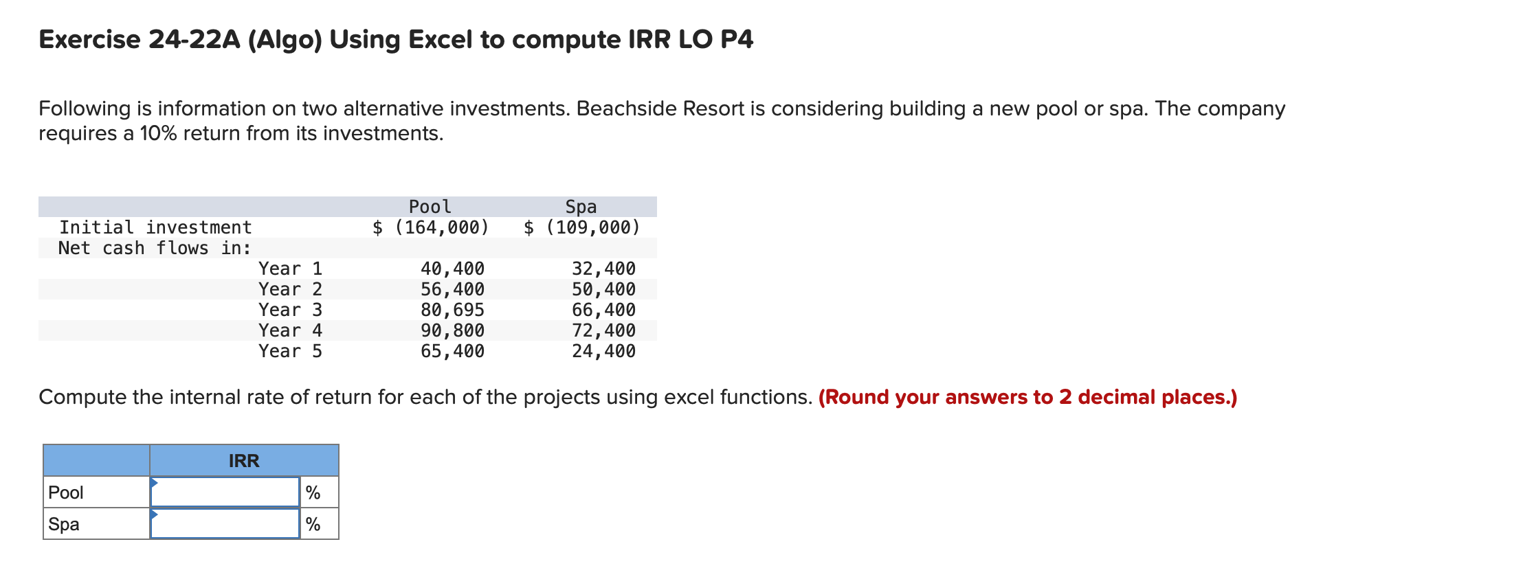 Exercise 24-22A (Algo) Using Excel to compute IRR LO P4 Following is