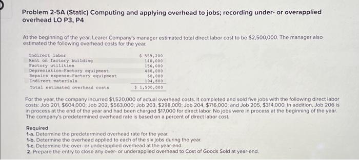 Problem 2-5A (Static) Computing and applying overhead to jobs; recording under- or