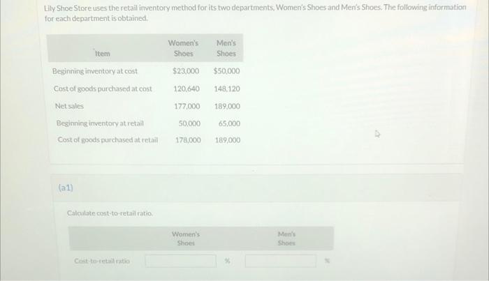 Lily Shoe Store uses the retail inventory method for its two departments,