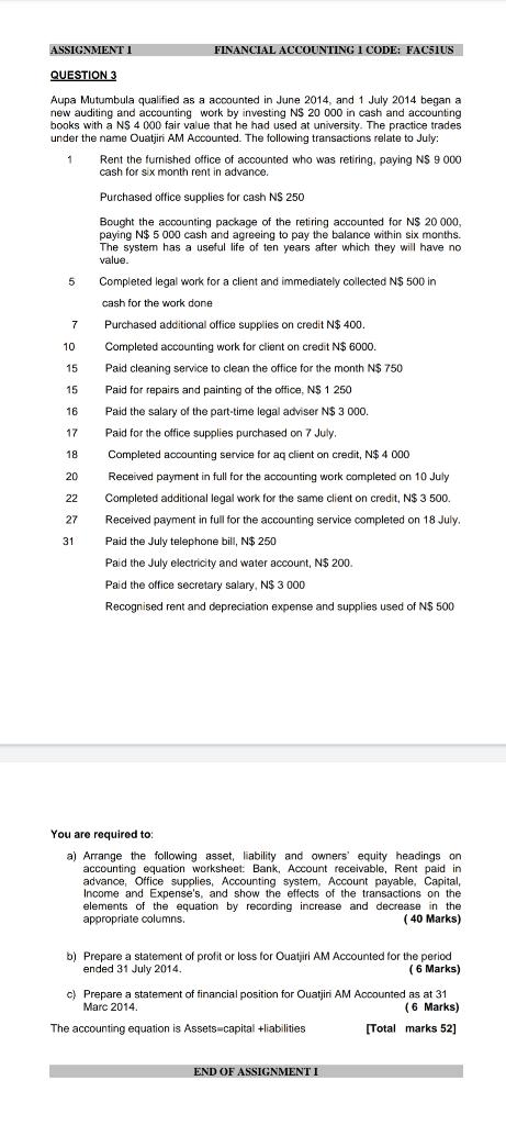 ASSIGNMENT I QUESTION 3 FINANCIAL ACCOUNTING 1 CODE: FACSIUS Aupa Mutumbula qualified