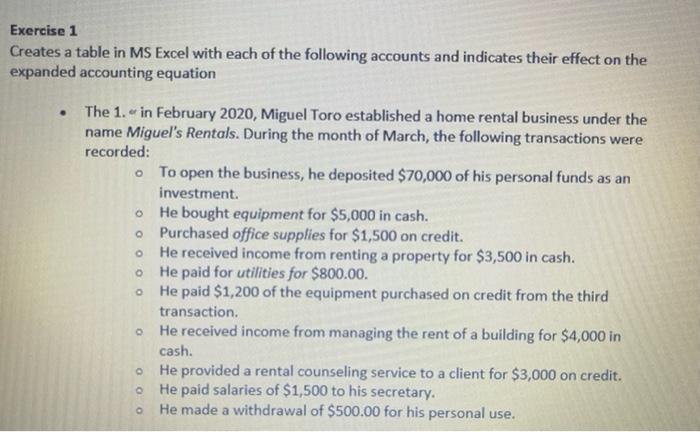 Exercise 1 Creates a table in MS Excel with each of the