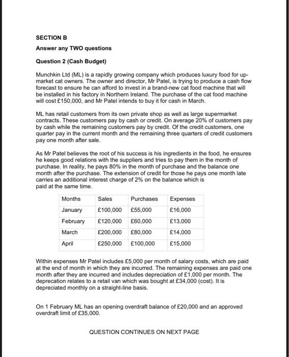 SECTION B Answer any TWO questions Question 2 (Cash Budget) Munchkin Ltd