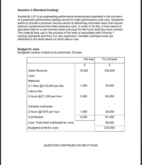 Question 3 (Standard Costing) Autotechs LLP is an engineering performance enhancement specialist