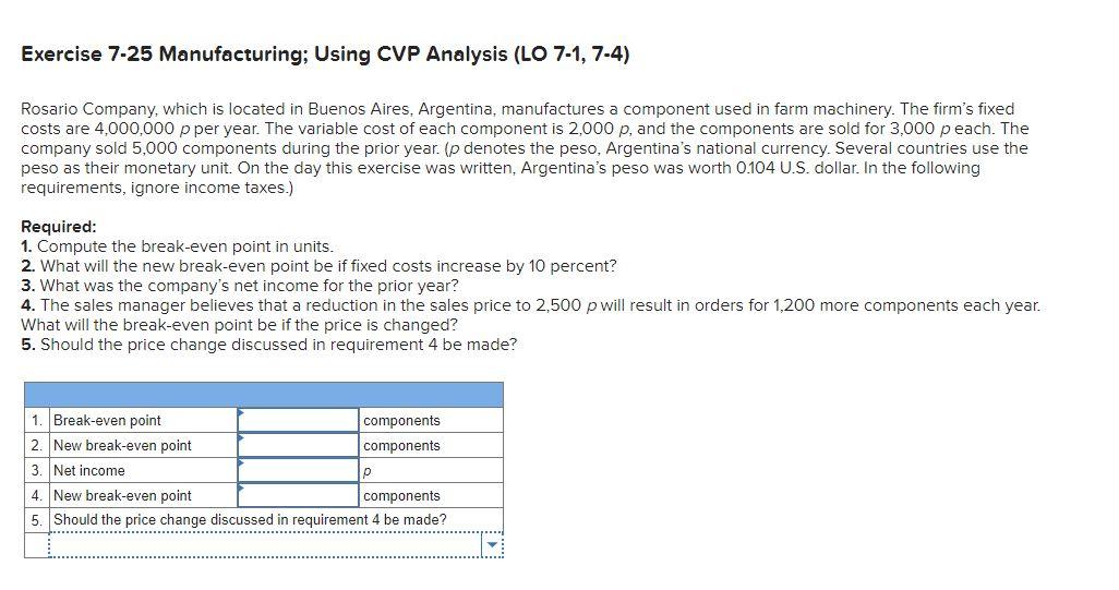 Exercise 7-25 Manufacturing; Using CVP Analysis (LO 7-1, 7-4) Rosario Company, which