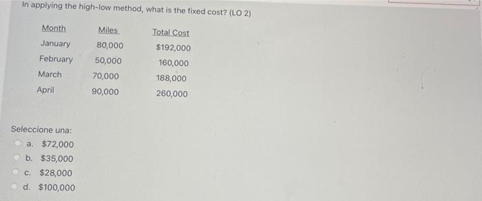 In applying the high-low method, what is the fixed cost? (LO 2)