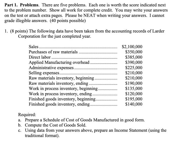 Part 1. Problems. There are five problems. Each one is worth the
