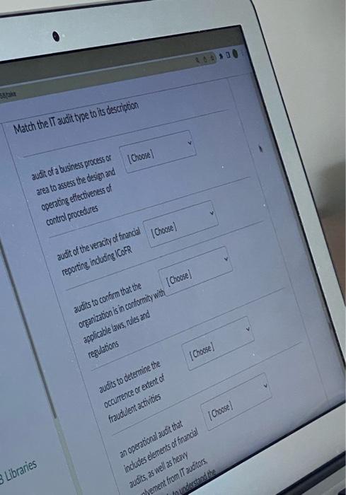 8 Libraries Sak Match the IT audit type to its description area
