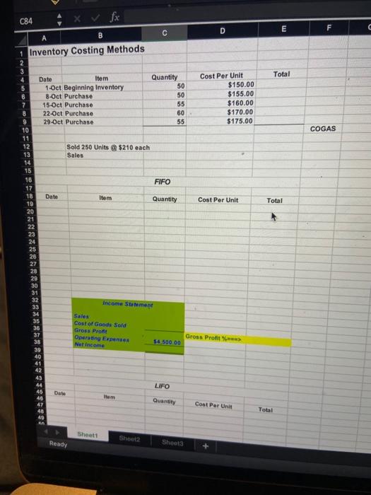 C84 A x fx B 1 Inventory Costing Methods C D E