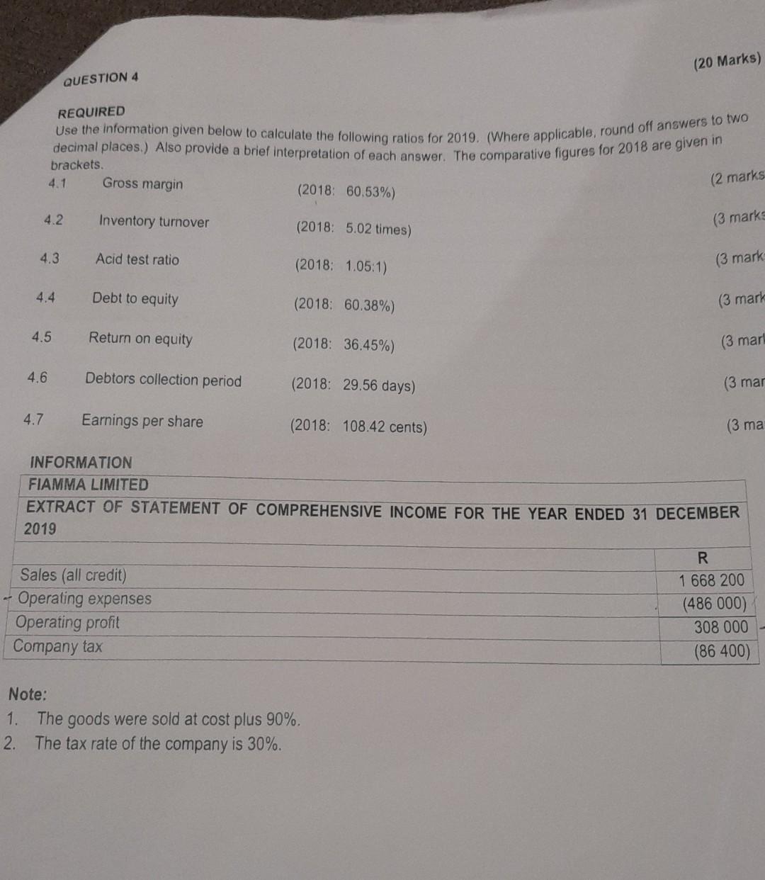 QUESTION 4 REQUIRED (20 Marks) Use the information given below to calculate