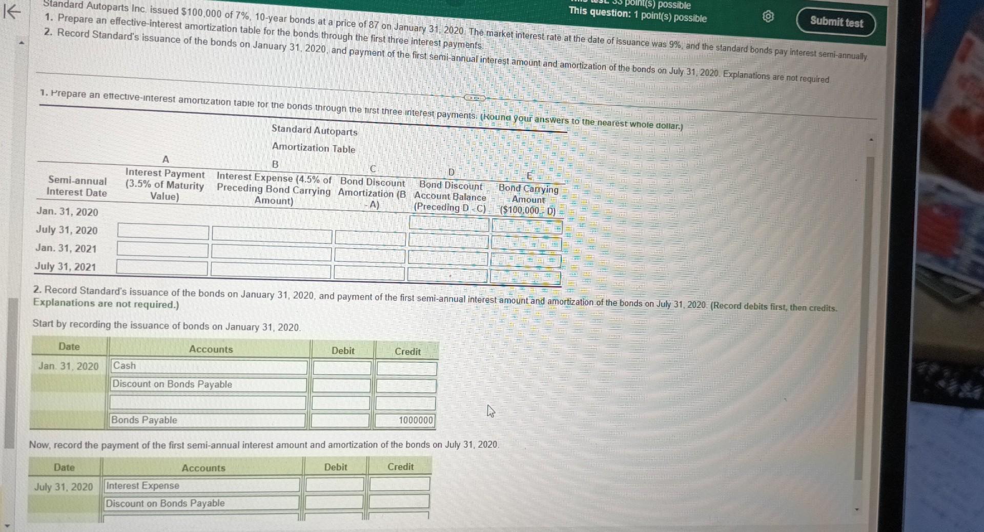 K point(s) possible This question: 1 point(s) possible Submit test Standard Autoparts