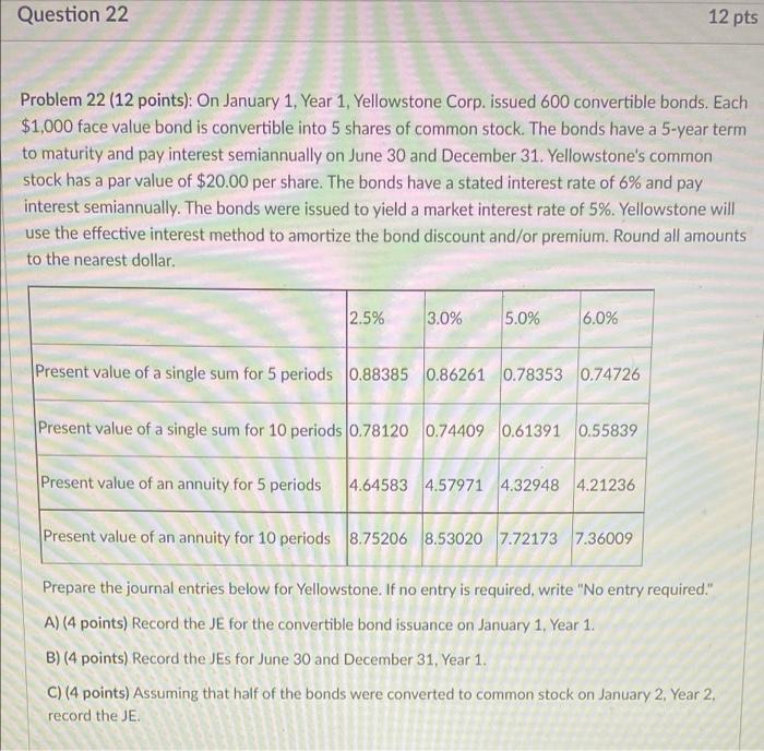 Question 22 12 pts Problem 22 (12 points): On January 1, Year