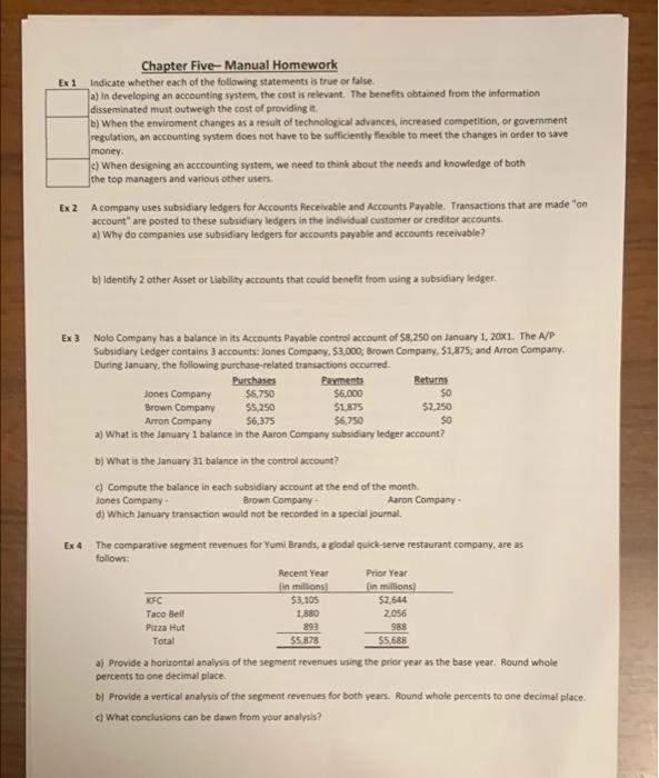 Ex 1 Chapter Five-Manual Homework Indicate whether each of the following statements