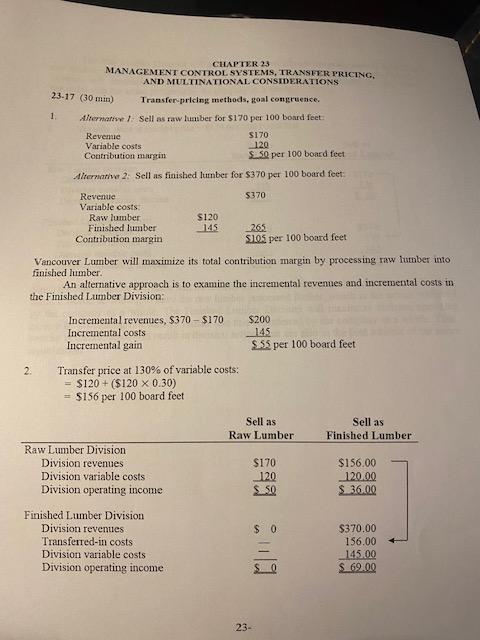 CHAPTER 23 MANAGEMENT CONTROL SYSTEMS, TRANSFER PRICING, 23-17 (30 min) 1. AND