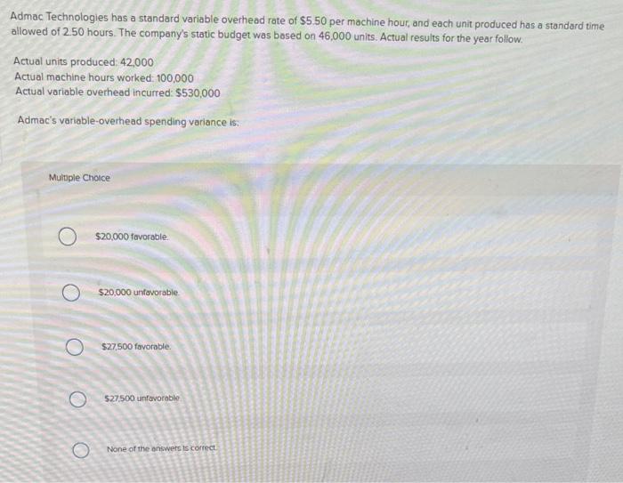 Admac Technologies has a standard variable overhead rate of $5.50 per machine