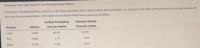 Allocating Joint Costs Using the Net Realizable Value Method A company manufactures