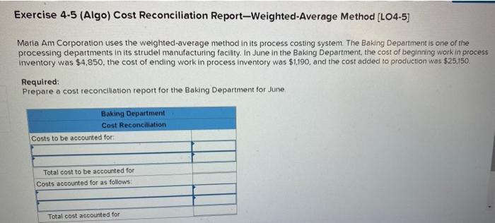 the weighted-average method in its process costing system. The Baking Department is