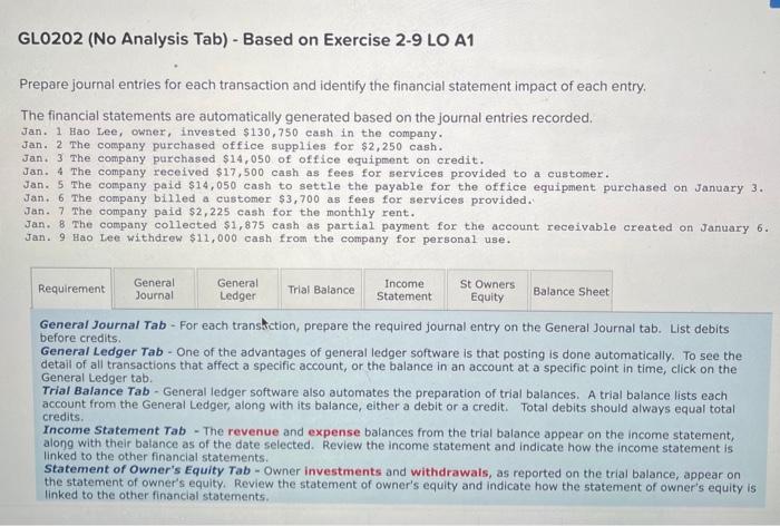 GL0202 (No Analysis Tab) - Based on Exercise 2-9 LO A1 Prepare