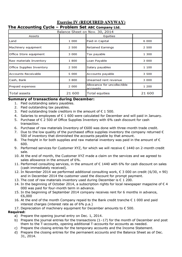 Exercise IV (REQUIRED ANYWAY) The Accounting Cycle - Problem Set ABC Company