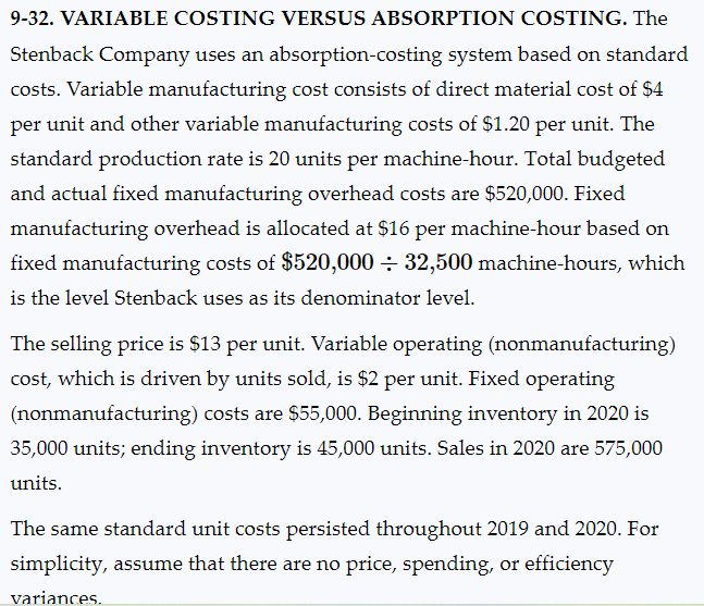 9-32. VARIABLE COSTING VERSUS ABSORPTION COSTING. The Stenback Company uses an absorption-costing