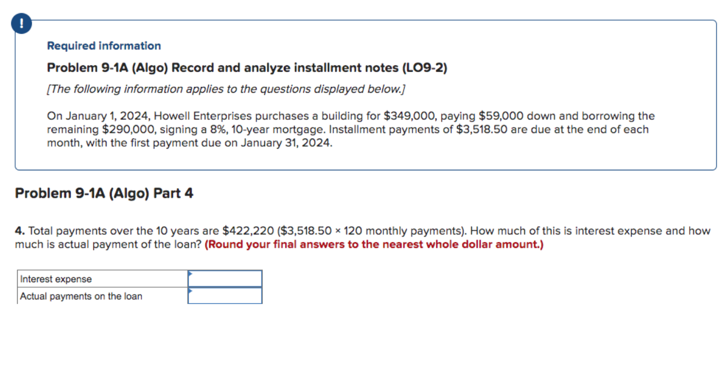 Required information Problem 9-1A (Algo) Record and analyze installment notes (LO9-2) [The