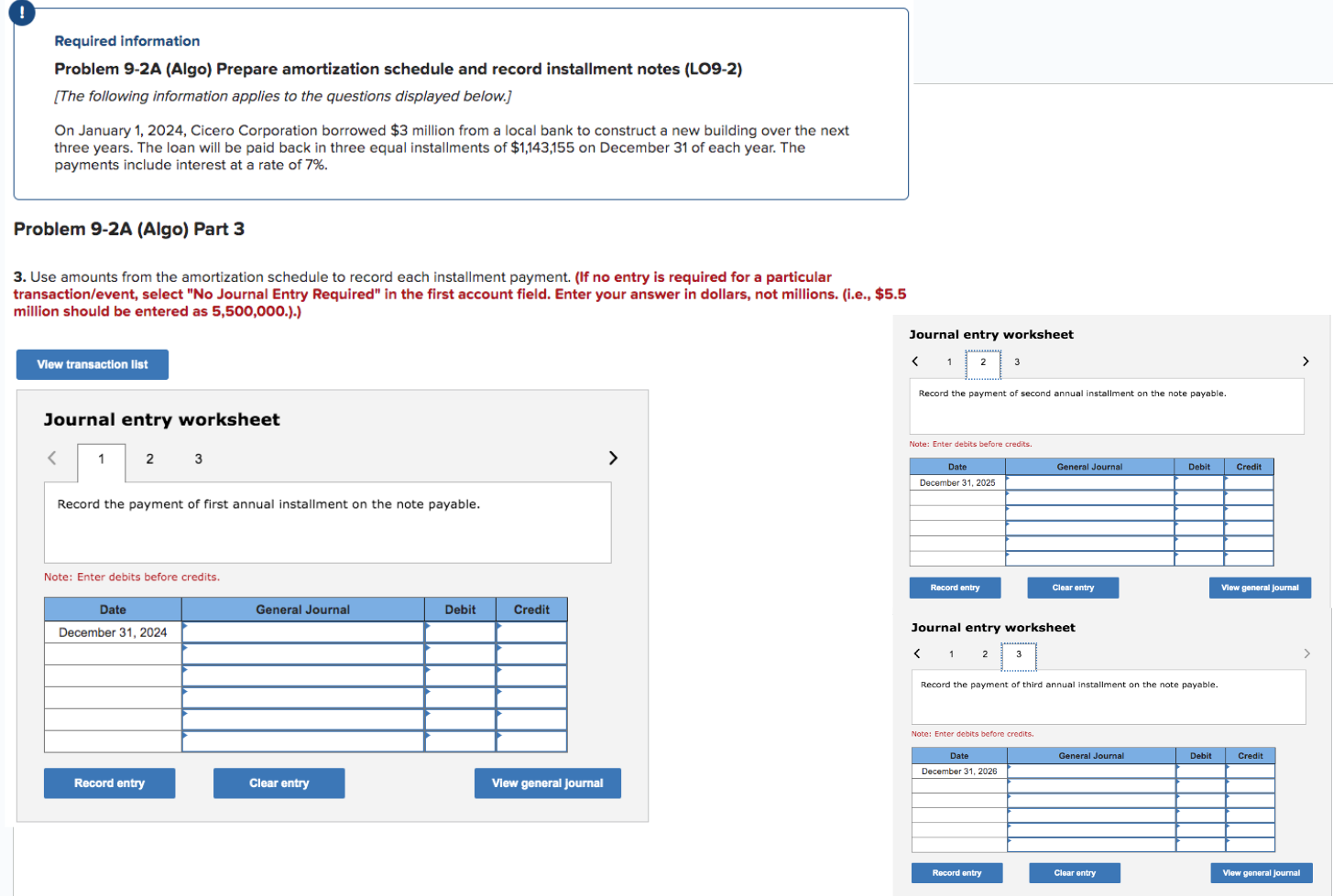 Required information Problem 9-2A (Algo) Prepare amortization schedule and record installment notes