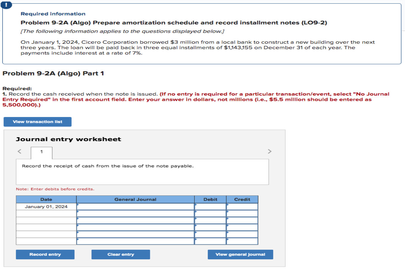 ! Required information Problem 9-2A (Algo) Prepare amortization schedule and record installment
