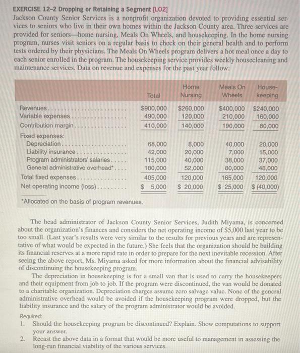 EXERCISE 12-2 Dropping or Retaining a Segment [LO2] Jackson County Senior Services