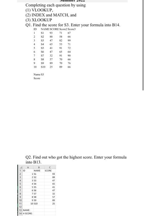 Completing each question by using (1) VLOOKUP, (2) INDEX and MATCH, and