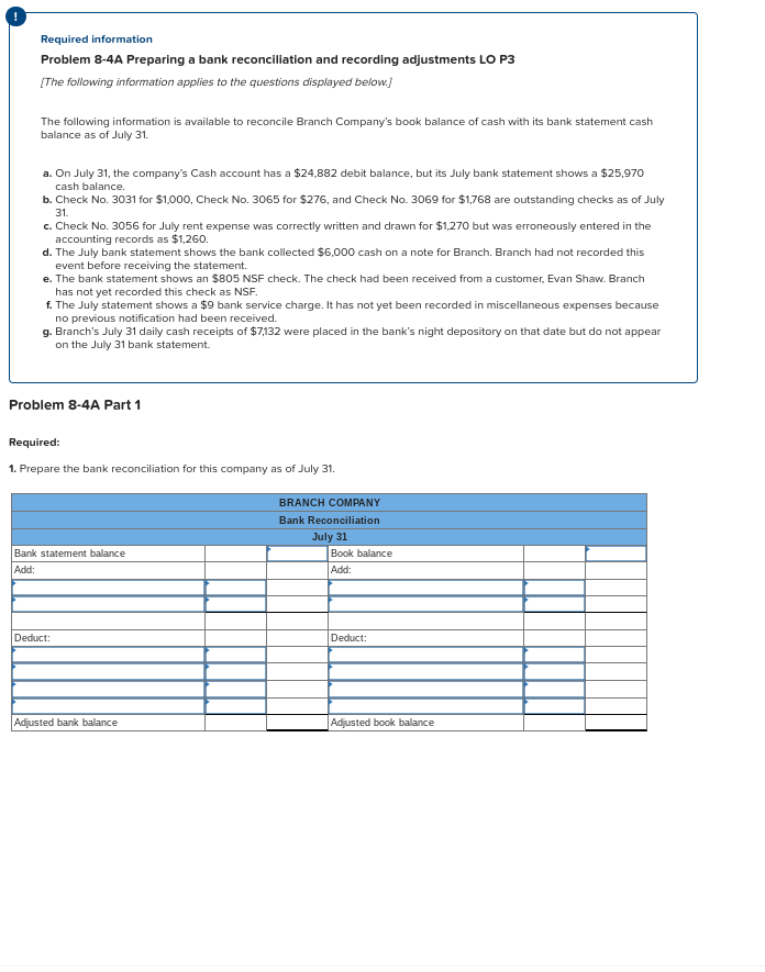 Required information Problem 8-4A Preparing a bank reconciliation and recording adjustments LO
