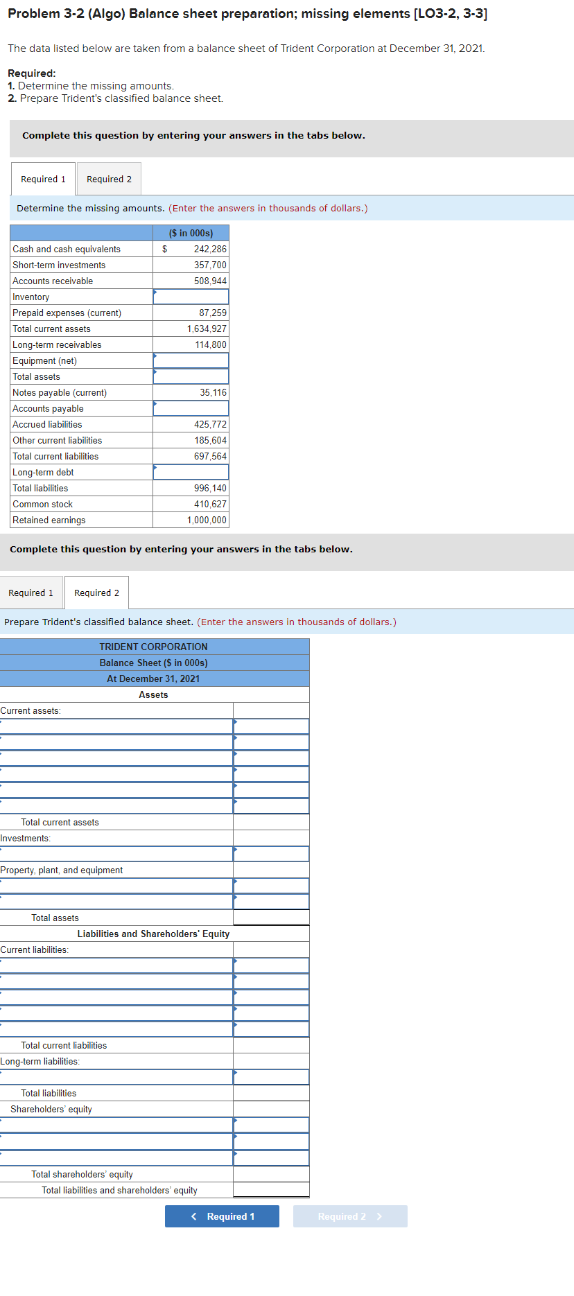 Problem 3-2 (Algo) Balance sheet preparation; missing elements [LO3-2, 3-3] The data
