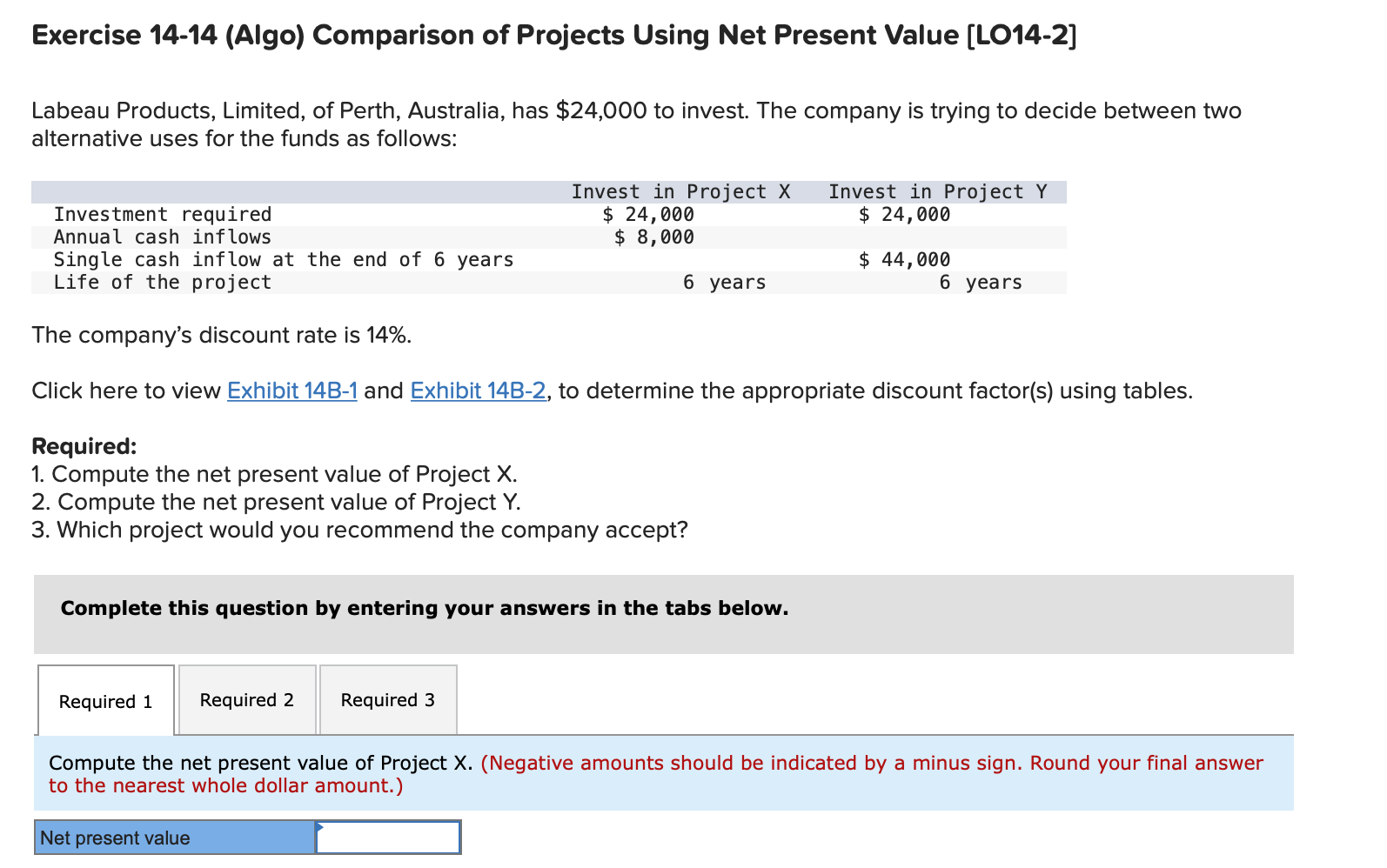 Exercise 14-14 (Algo) Comparison of Projects Using Net Present Value [LO14-2] Labeau