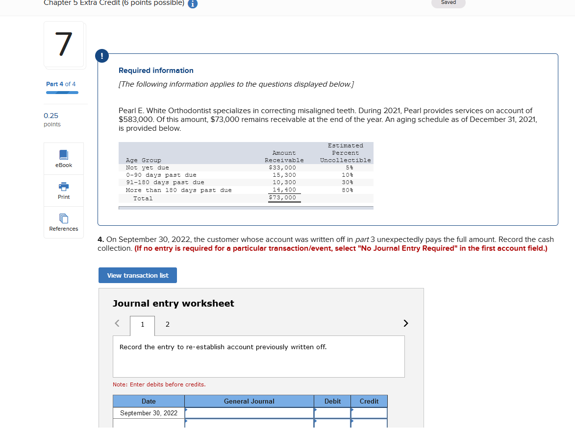 Chapter 5 Extra Credit (6 points possible) 7 Required information Saved Part
