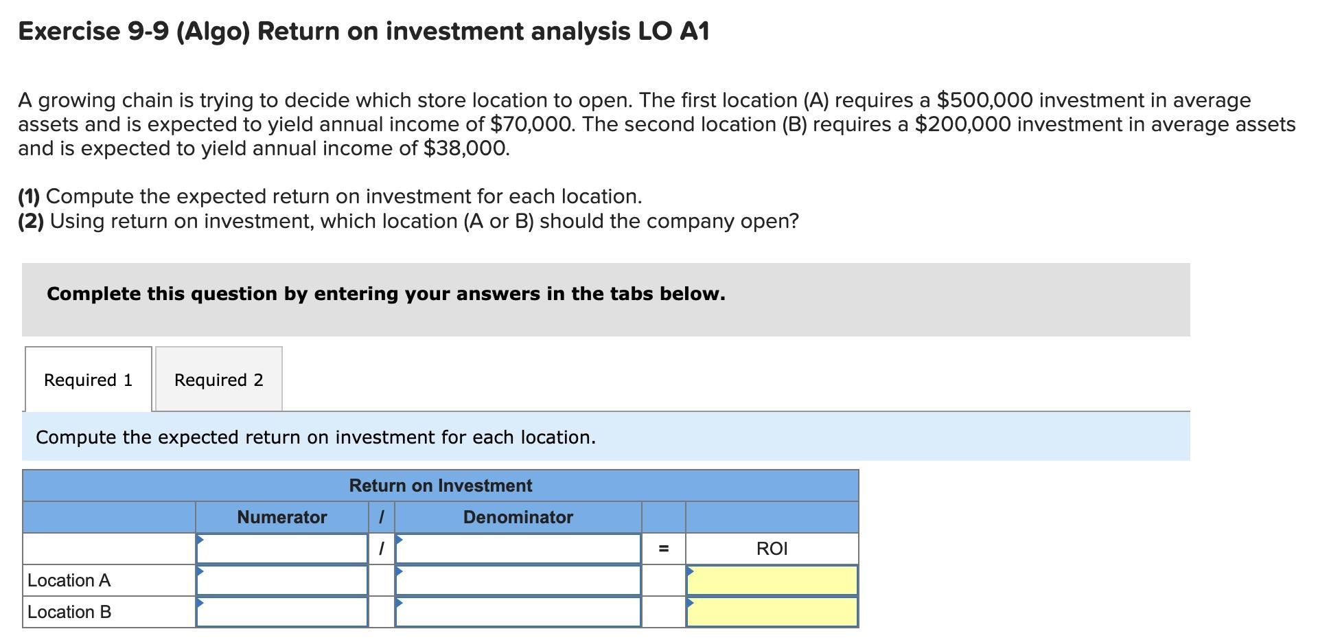 Exercise 9-9 (Algo) Return on investment analysis LO A1 A growing chain
