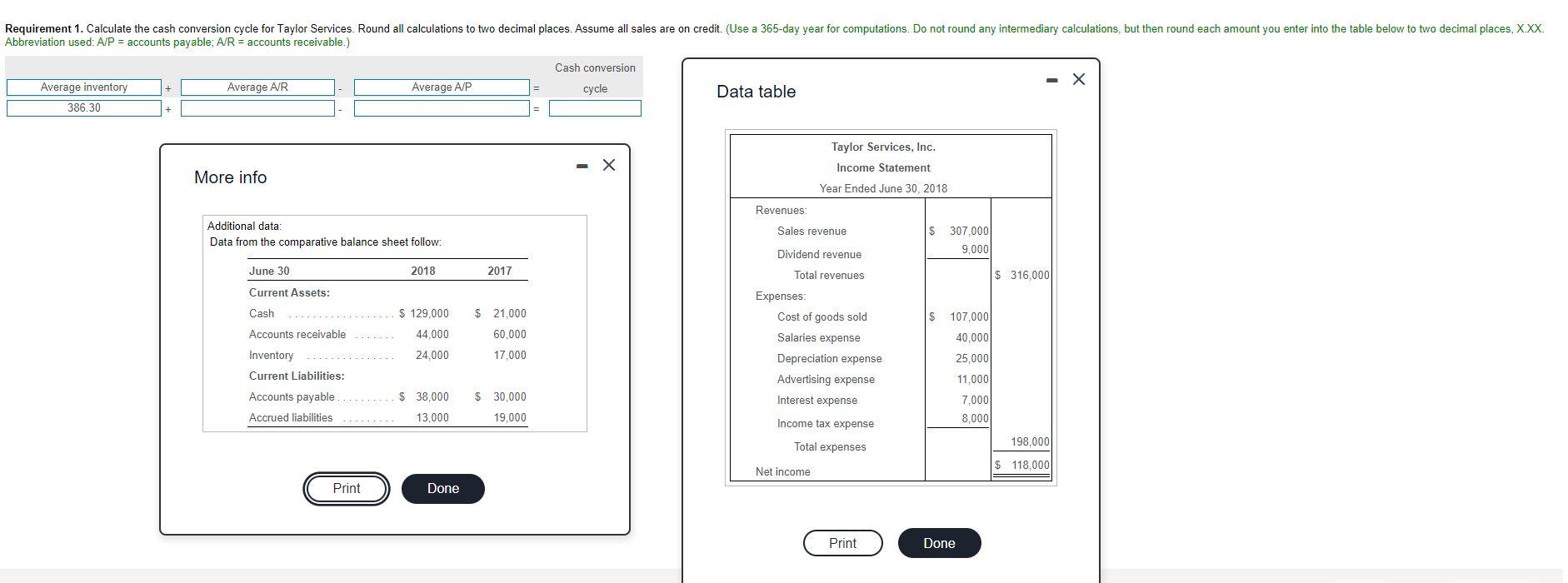 Requirement 1. Calculate the cash conversion cycle for Taylor Services. Round all
