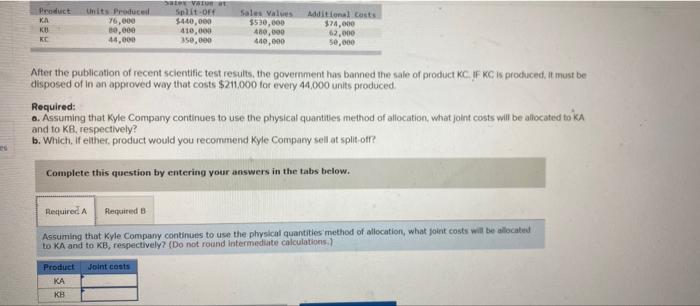 KB, and KC from a joint process. Joint product costs were $179,000.