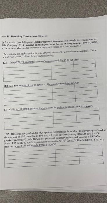 Part II Recording Transactions (80 points) In this section (worth 80 points),