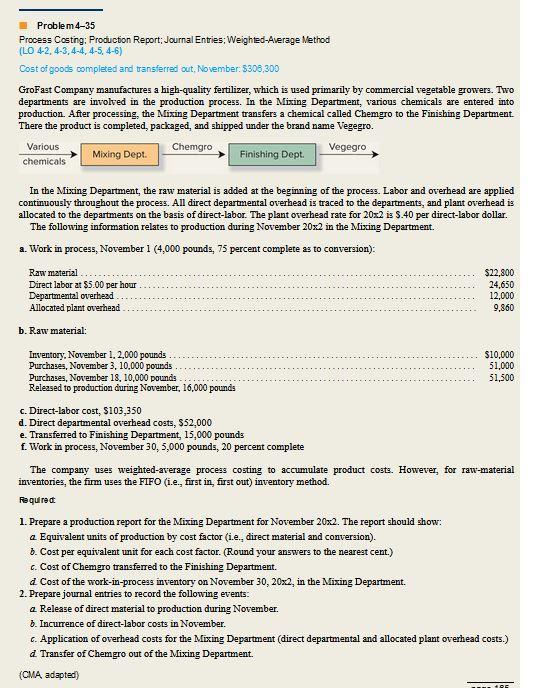Problem 4-35 Process Costing: Production Report; Journal Entries; Weighted-Average Method (LO 4-2,