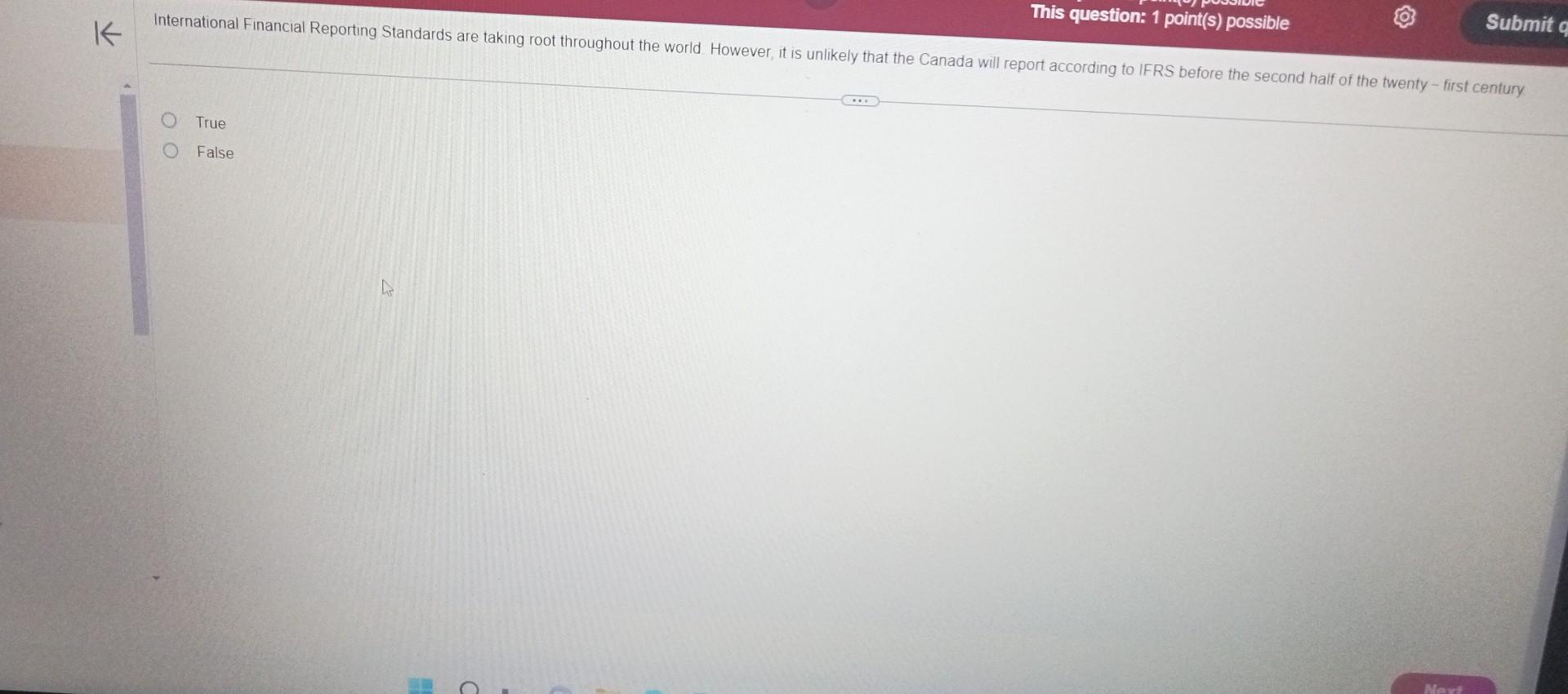 K This question: 1 point(s) possible Submit q International Financial Reporting Standards