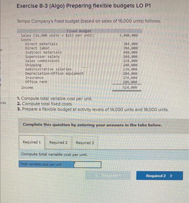 ces Exercise 8-3 (Algo) Preparing flexible budgets LO P1 Tempo Company's fixed