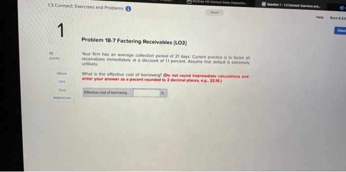 1.3 Connect Exercises and Problems 1 15 points McGraw Hill Connect Deep